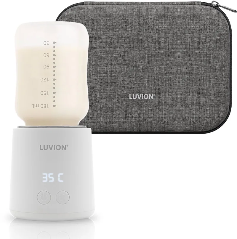 Draagbare Flessenwarmer + Protection Case - Wit - Speciale roerfunctie voor gelijkmatig opwarmen van borstvoeding en mixen van kunstvoeding - Geschikt voor nagenoeg alle merken babyflesjes - Onderweg draadloos je baby fles verwarmen van Luvion in Ultra Pro – productfoto