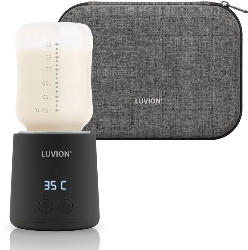 Draagbare Flessenwarmer + Protection Case - Zwart - Met roerfunctie voor gelijkmatig opwarmen van borstvoeding en mixen van kunstvoeding - Geschikt voor nagenoeg alle merken babyflesjes - Onderweg draadloos je baby fles verwarmen van Luvion in Ultra Pro – productfoto