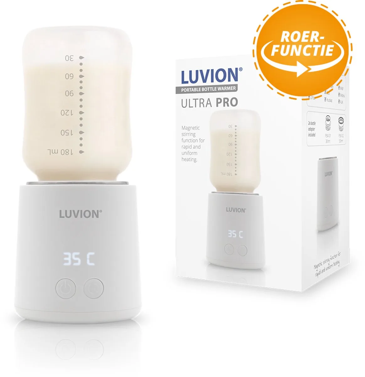 Draagbare Flessenwarmer - Wit - Speciale roerfunctie voor gelijkmatig opwarmen van borstvoeding en mixen van kunstvoeding - Geschikt voor nagenoeg alle merken babyflesjes - Onderweg draadloos je baby fles verwarmen de Luvion en Ultra Pro – photo produit