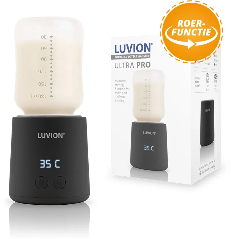 Draagbare Flessenwarmer - Zwart - Speciale roerfunctie voor gelijkmatig opwarmen van borstvoeding en mixen van kunstvoeding - Geschikt voor nagenoeg alle merken babyflesjes - Onderweg draadloos je baby fles verwarmen van Luvion in Ultra Pro – productfoto
