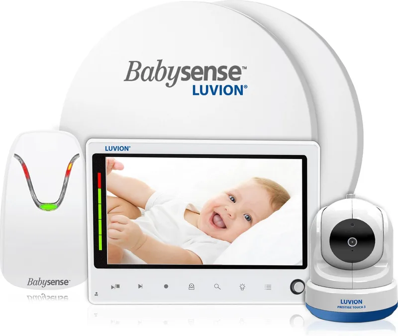 Prestige Touch 3 Babyfoon met Camera + LUVION® Babysense 7 - Sensormatje - 5 Sterren Veiligheidsvoordeelbundel van Luvion in Wit-Blauw – productfoto