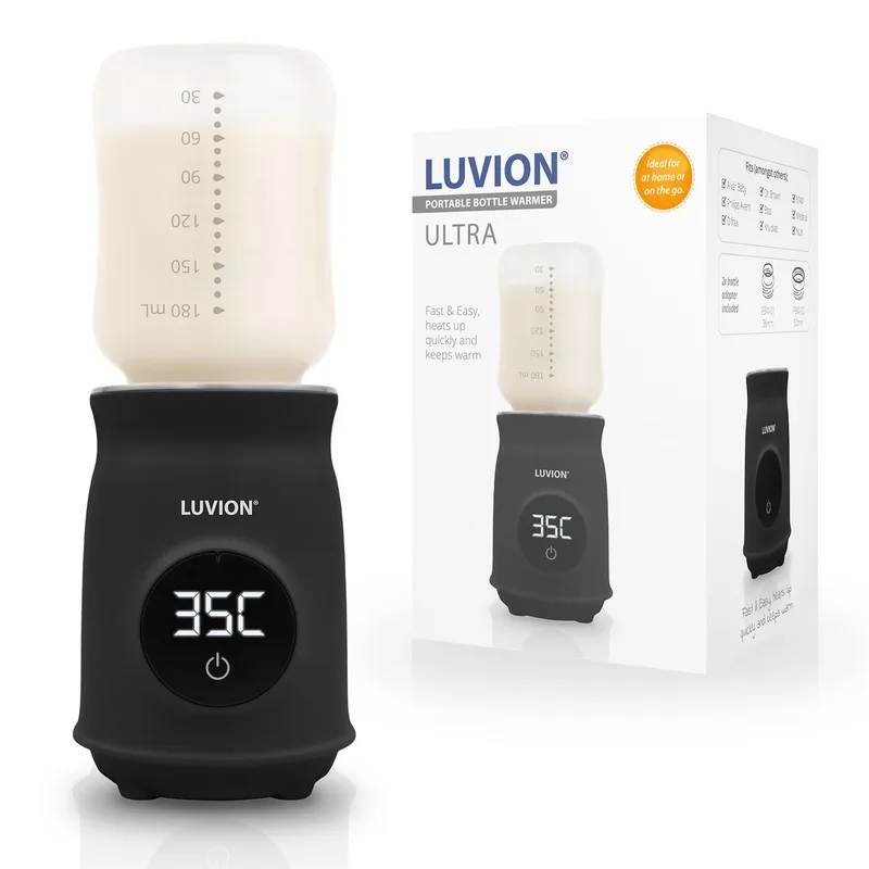Ultra Draagbare Flessenwarmer voor onderweg én thuis - Geschikt voor o.a. Dr. Brown, Philips Avent, Difrax, Medela, Alvar Baby, NUK, MAM, Hegen, Wetoo en huismerk Kruidvat en Etos babyflessen - Draadloos je baby fles verwarmen van Luvion in Zwart – productfoto
