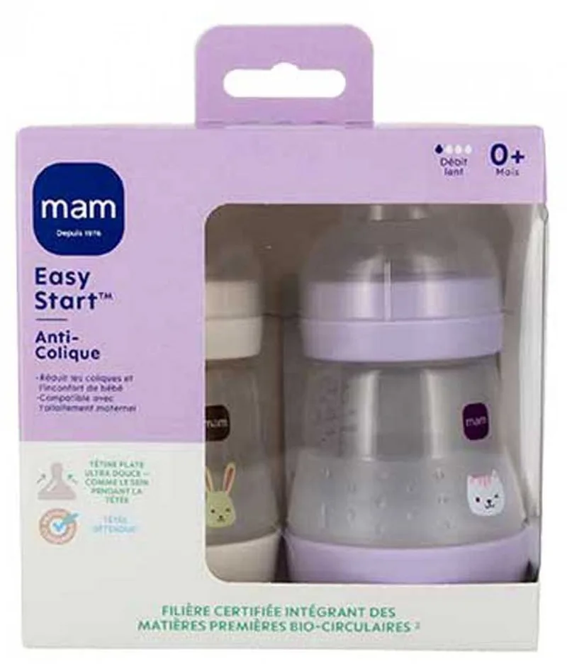 2 Zuigflessen Easy Start 160 ml 0+ Maanden Debiet 1 Langzaam (Kleur : Mauve Kat/Zand Konijn) fra MAM i Mauve Kat – produktbillede