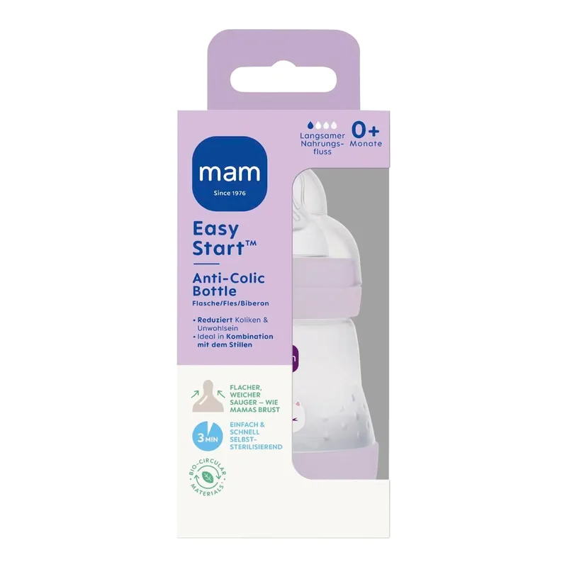 Babyflasche Easy Start matt, Anti-Kolik, 160 ml, ab 0M von MAM in Lila, 7,1 × 17,1 × 7,1 mm – Produktfoto