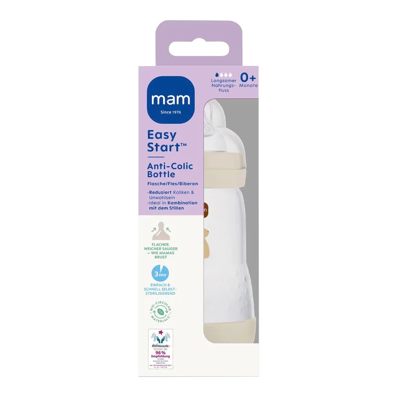 Babyflasche Easy Start matt, Anti-Kolik, 260 ml, ab 0M by MAM in Beige, 7,1 × 21,1 × 7,1 mm – product photo