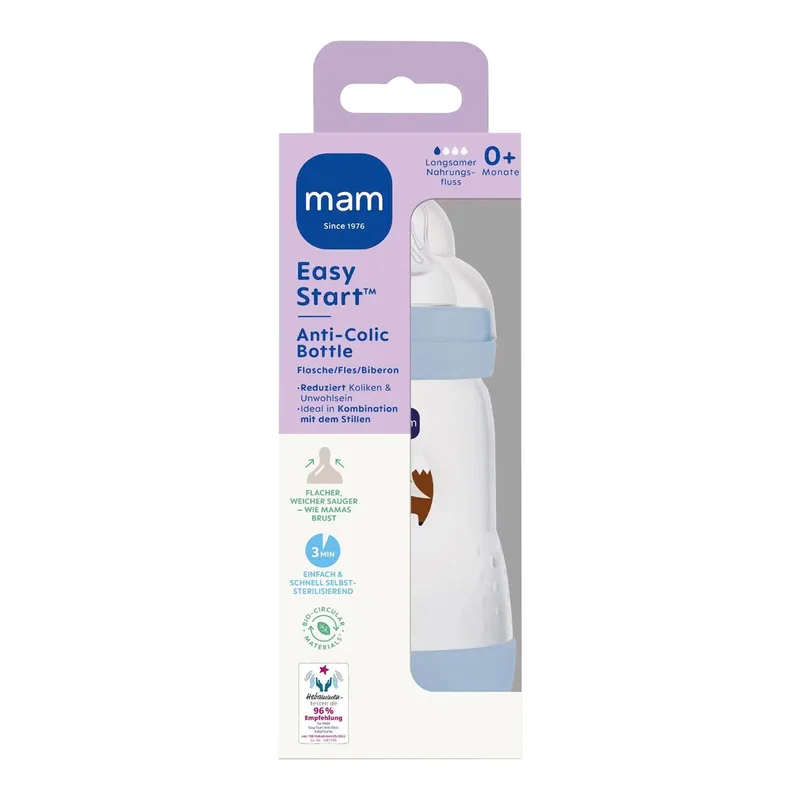 Babyflasche Easy Start matt, Anti-Kolik, 260 ml, ab 0M von MAM in Blau, 7,1 × 21,1 × 7,1 mm – Produktfoto