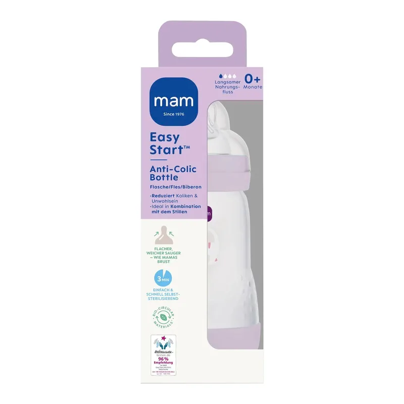Babyflasche Easy Start matt, Anti-Kolik, 260 ml, ab 0M von MAM in Lila, 7,1 × 21,1 × 7,1 mm – Produktfoto