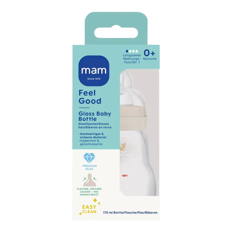 Babyflasche Feel Good matt, Glas, 170 ml, ab 0M van MAM in Beige, 7,1 × 17,1 × 7,1 mm – productfoto