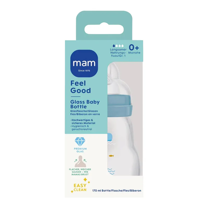 Babyflasche Feel Good matt, Glas, 170 ml, ab 0M by MAM in Blue, 7,1 × 17,1 × 7,1 mm – product photo