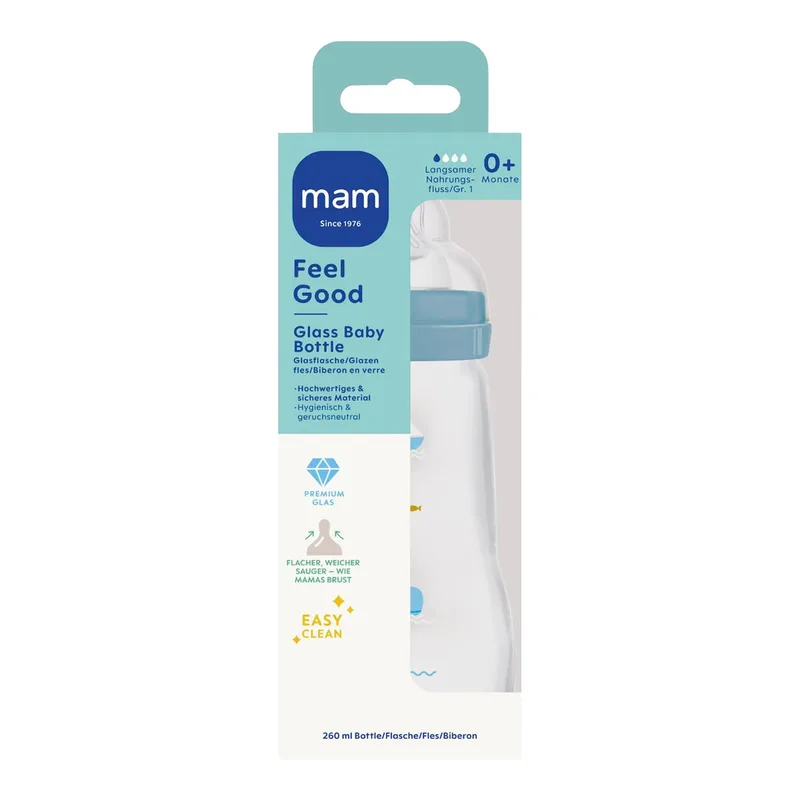 Babyflasche Feel Good matt, Glas, 260 ml, ab 0M von MAM in Blau, 7,1 × 21,1 × 7,1 mm – Produktfoto