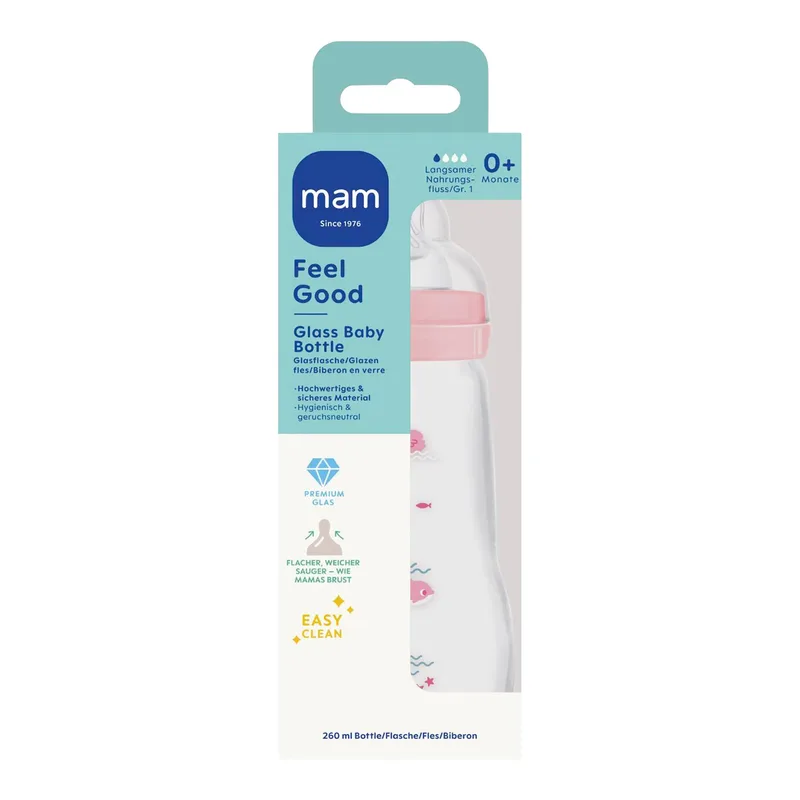 Babyflasche Feel Good matt, Glas, 260 ml, ab 0M von MAM in Rosa, 7,1 × 21,1 × 7,1 mm – Produktfoto
