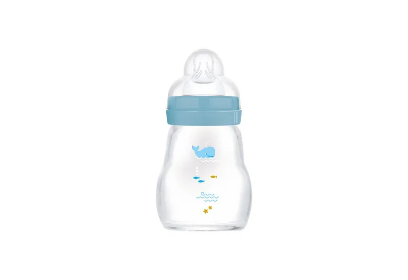 Babyflasche Glasflasche Feel Good Matt, mit Skin Soft Anti-Kolik Silikon Weithals Trinksauger van MAM in Bleu – productfoto