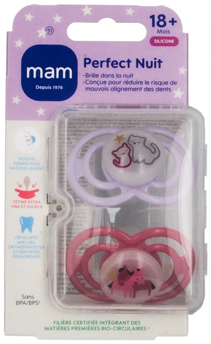 MAM 2 Fopspenen Perfecte Nachtdieren 18 Maanden en Ouder (Modellen : Katten en paarden) by MAM in Pink – product photo
