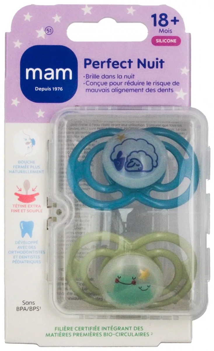 MAM 2 Fopspenen Perfecte Nachtdieren 18 Maanden en Ouder (Modellen : Schapen en kikkers) fra MAM i Grøn – produktbillede