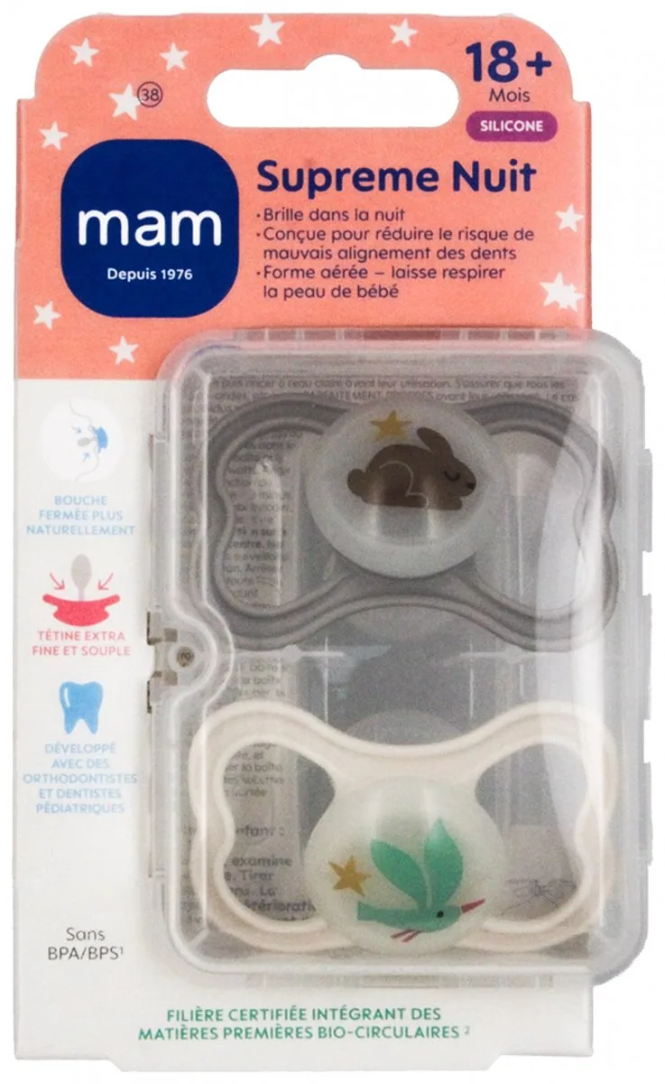 MAM 2 Fopspenen Supreme Nuit 18 Maanden en + (Kleur : Bruin konijn en vogel) de MAM – photo produit