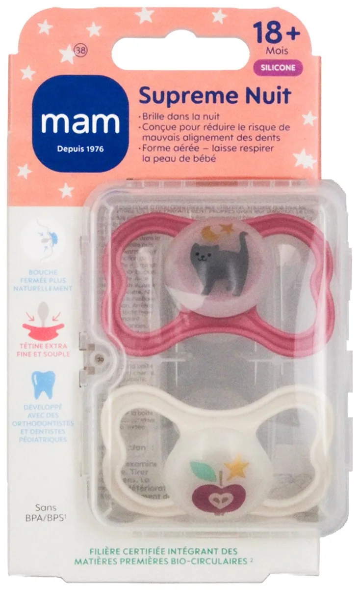 MAM 2 Fopspenen Supreme Nuit 18 Maanden en + (Kleur : Roze kat en appel) från MAM i Vit – produktbild