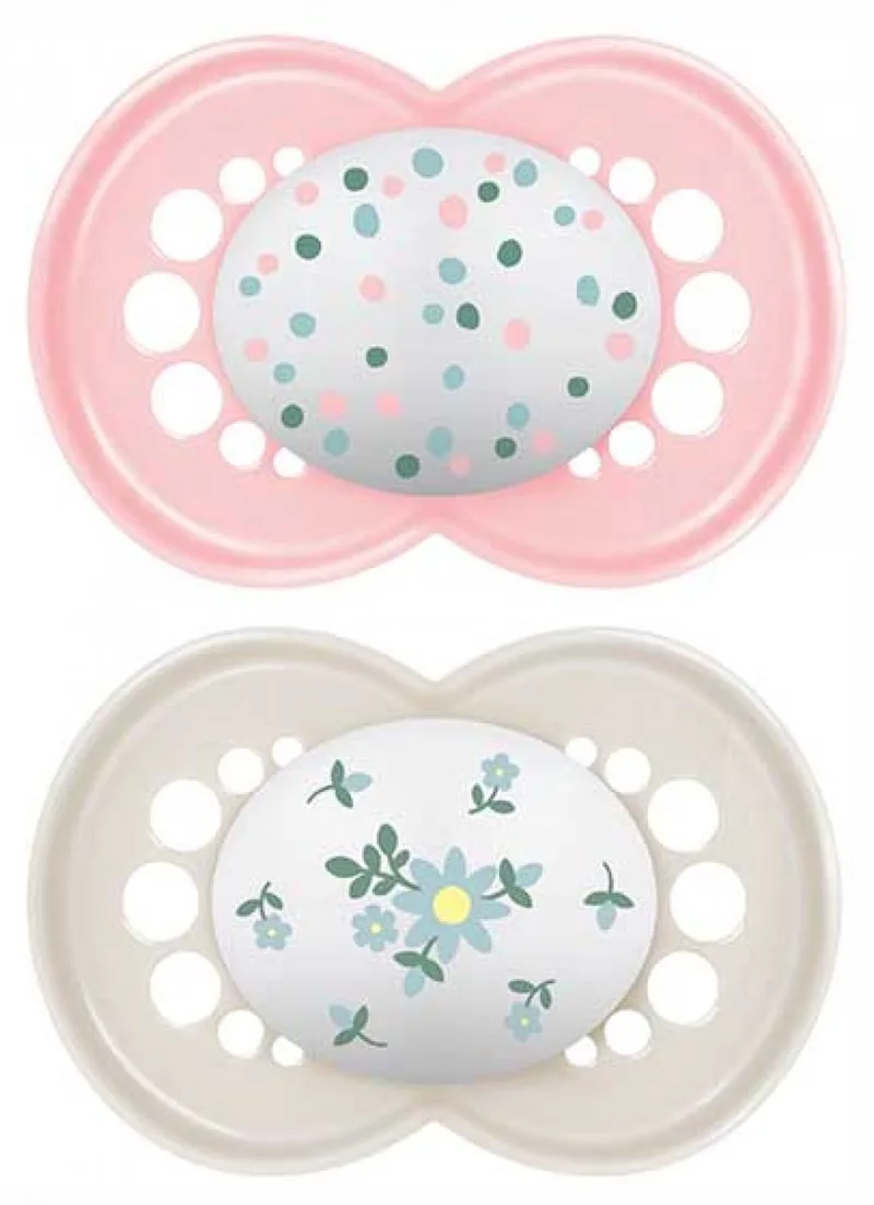 MAM 2 Originele Klassieke Fopspenen 18 Maanden en Ouder (Modellen : Roze erwten en blauwe bloemen) de MAM en Bleu – photo produit