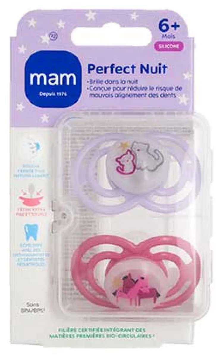 MAM 2 Perfect Nacht Fopspenen 6 Maanden en + (Modellen : Katten en paarden) van MAM in Paars – productfoto
