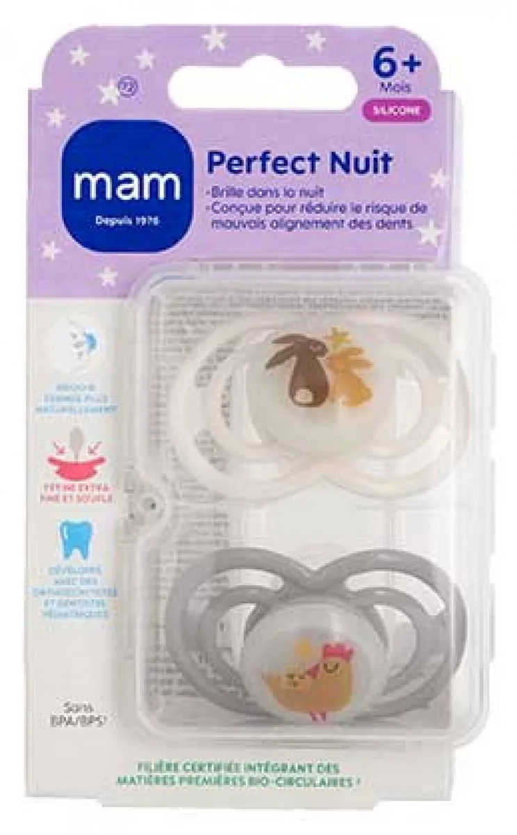 MAM 2 Perfect Nacht Fopspenen 6 Maanden en + (Modellen : Konijnen en kippen) från MAM – produktbild