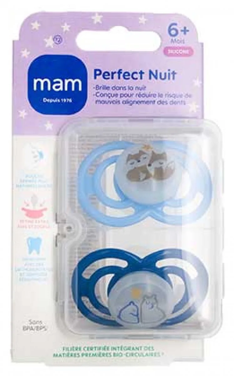 MAM 2 Perfect Nacht Fopspenen 6 Maanden en + (Modellen : Vossen en beren) de MAM en Bleu – photo produit