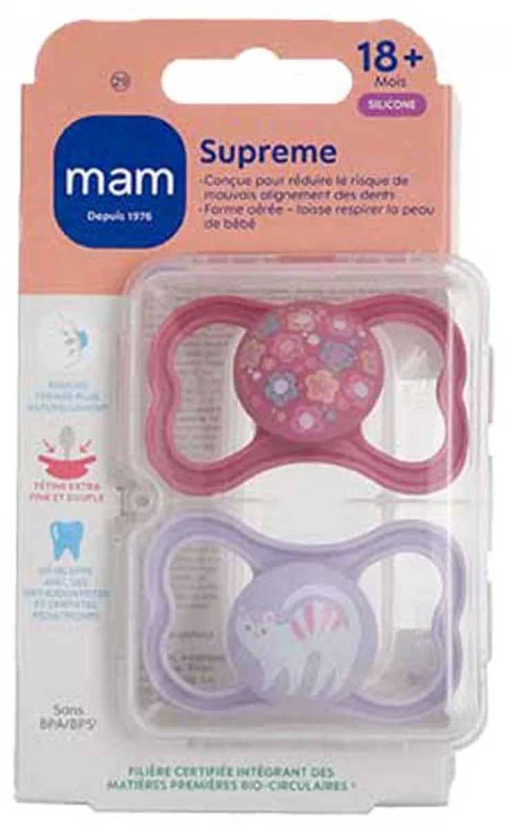 MAM 2 Supreme Fopspenen 18 Maanden en Ouder (Modellen : Bloemen en Kitten) van MAM in Roze – productfoto