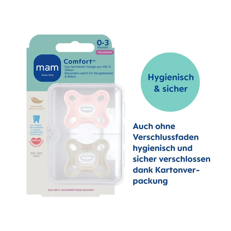 Mam fopspeen Comfort siliconen 0-3M, 2-pack van MAM in Meerkleurig, 8,9 × 14,5 × 4,7 mm – productfoto