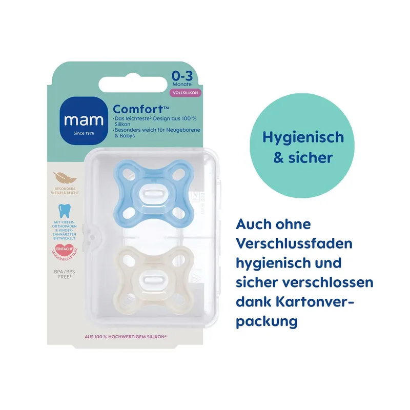Mam 2er-Pack Schnuller Comfort Silikon 0-3M van MAM in Meerkleurig, 8,9 × 14,5 × 4,7 mm – productfoto