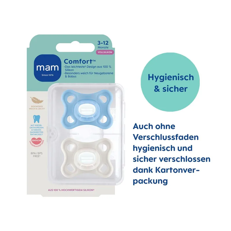 Mam 2er-Pack Schnuller Comfort Silikon 3-12M van MAM in Meerkleurig, 8,9 × 14,5 × 4,7 mm – productfoto