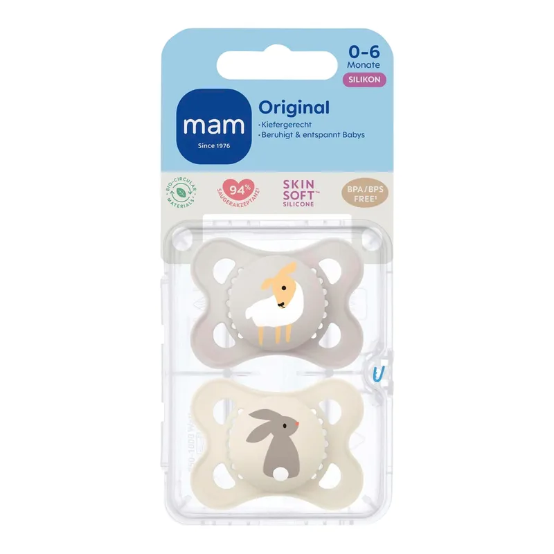Mam 2er-Pack Schnuller Original Silikon, 0-6M van MAM in Meerkleurig, 6,9 × 14,5 × 4,7 mm – productfoto