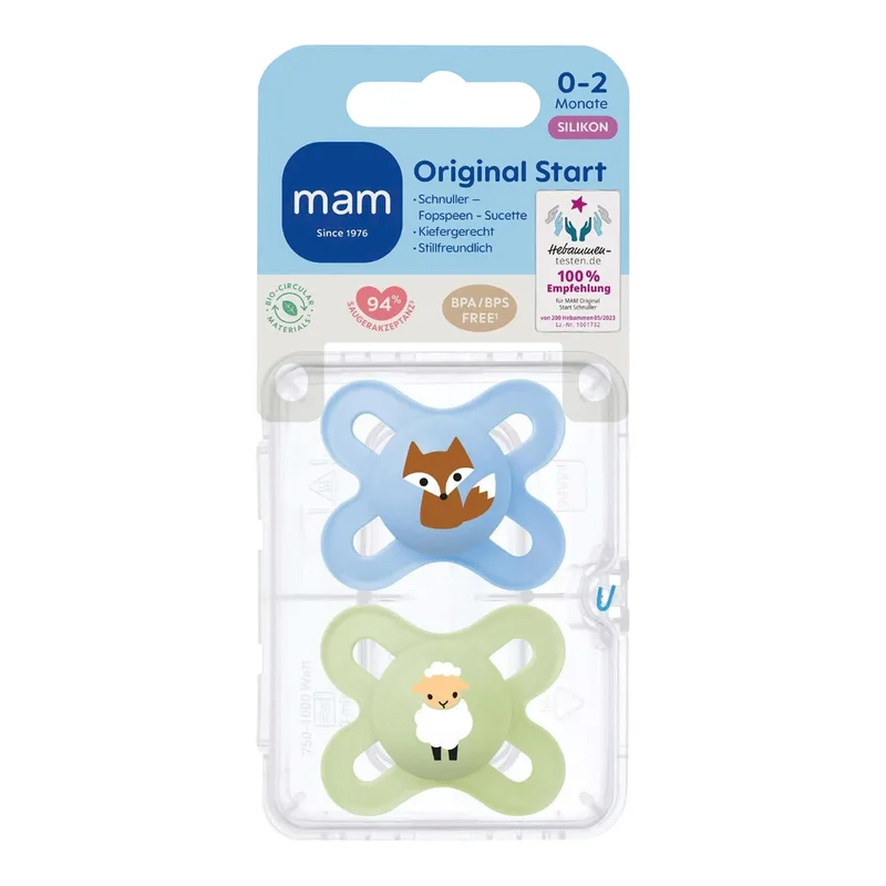 Mam 2er-Pack Schnuller Original Start Silikon, 0-2M van MAM in Meerkleurig, 6,9 × 14,5 × 4,7 mm – productfoto