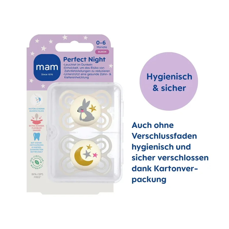 Mam 2er-Pack Schnuller Perfect Night Silikon, 0-6M de MAM en Multicolore, 8,9 × 14,5 × 4,7 mm – photo produit