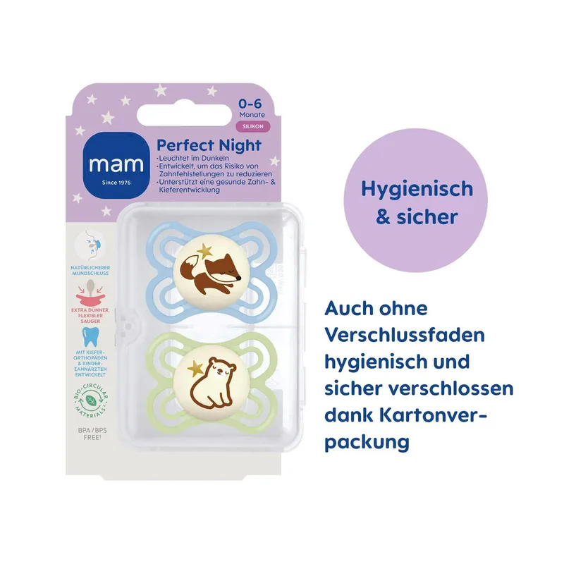 Mam 2er-Pack Schnuller Perfect Night Silikon, 0-6M van MAM in Meerkleurig, 8,9 × 14,5 × 4,7 mm – productfoto