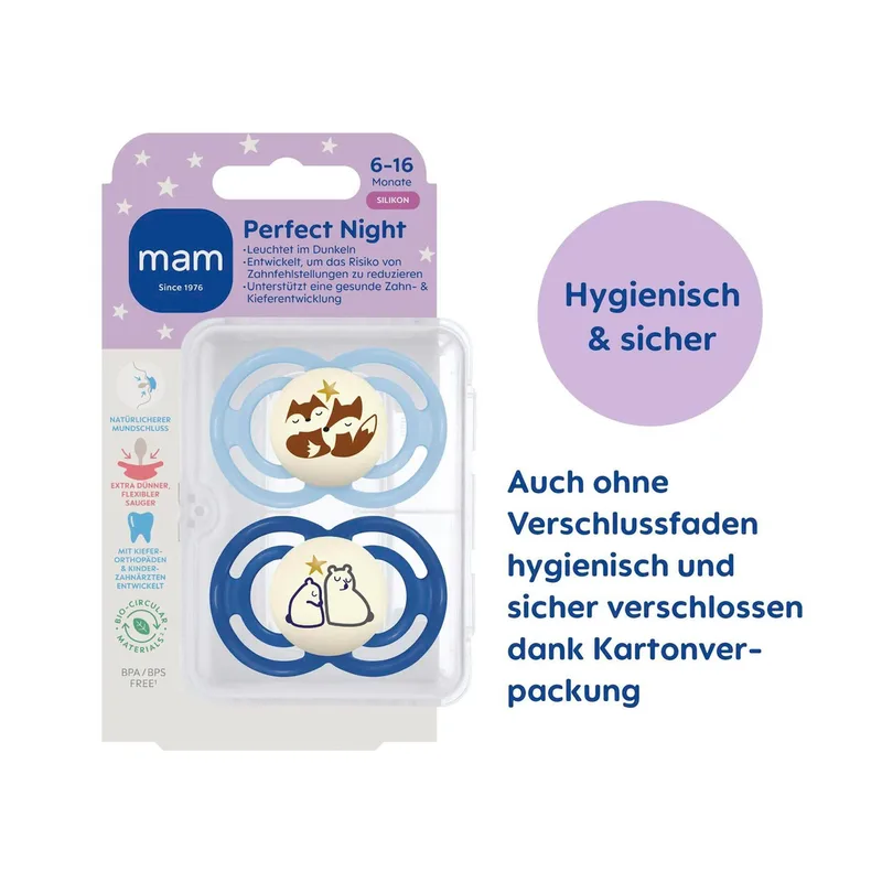 Mam 2er-Pack Schnuller Perfect Night Silikon, 6+ M by MAM in Multicolour, 8,9 × 14,5 × 4,7 mm – product photo