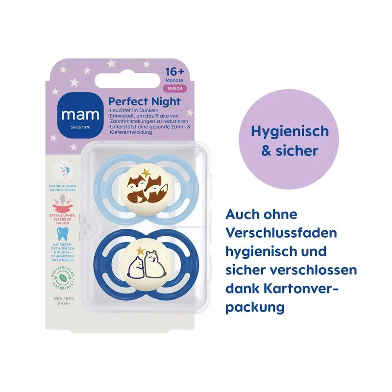 Mam 2er-Pack Schnuller Perfect Night Silikon, 6+ M van MAM in Meerkleurig, 8,9 × 14,5 × 4,7 mm – productfoto