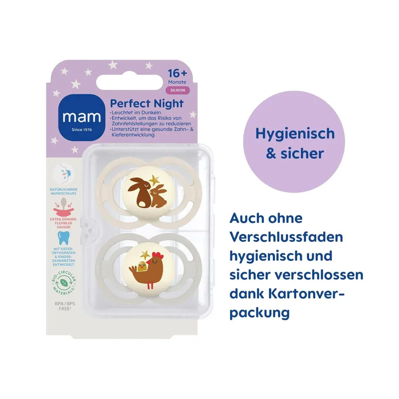 Mam 2er-Pack Schnuller Perfect Night Silikon, ab 16M van MAM in Meerkleurig, 8,9 × 14,5 × 4,7 mm – productfoto