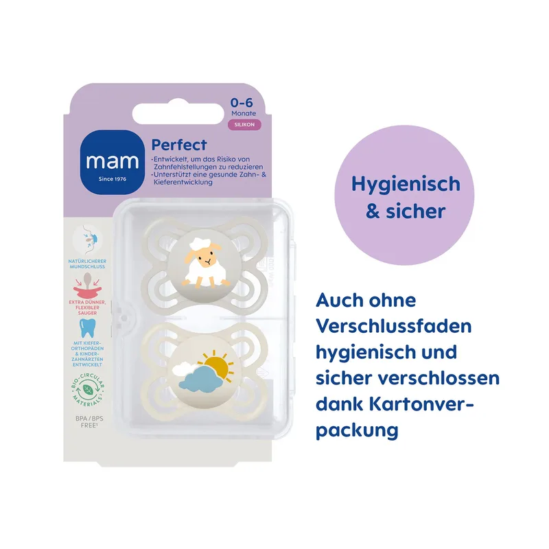 Mam 2er-Pack Schnuller Perfect Silikon, 0-6M de MAM en Multicolore, 8,9 × 14,5 × 4,7 mm – photo produit