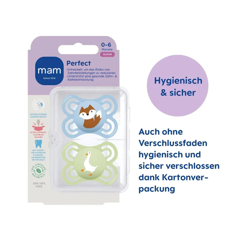 Mam 2er-Pack Schnuller Perfect Silikon, 0-6M van MAM in Meerkleurig, 8,9 × 14,5 × 4,7 mm – productfoto