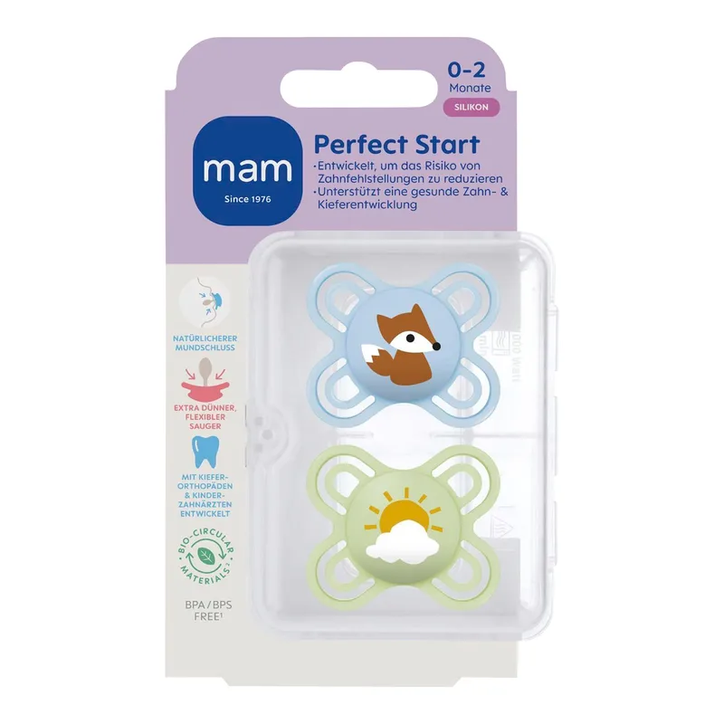 Mam 2er-Pack Schnuller Perfect Start Silikon, 0-2M van MAM in Meerkleurig, 8,9 × 14,5 × 4,7 mm – productfoto