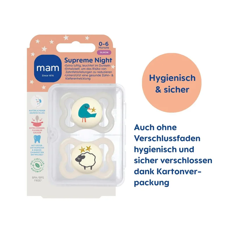 Mam 2er-Pack Schnuller Supreme Night Silikon, 0-6M de MAM en Multicolore, 8,9 × 14,5 × 4,7 mm – photo produit