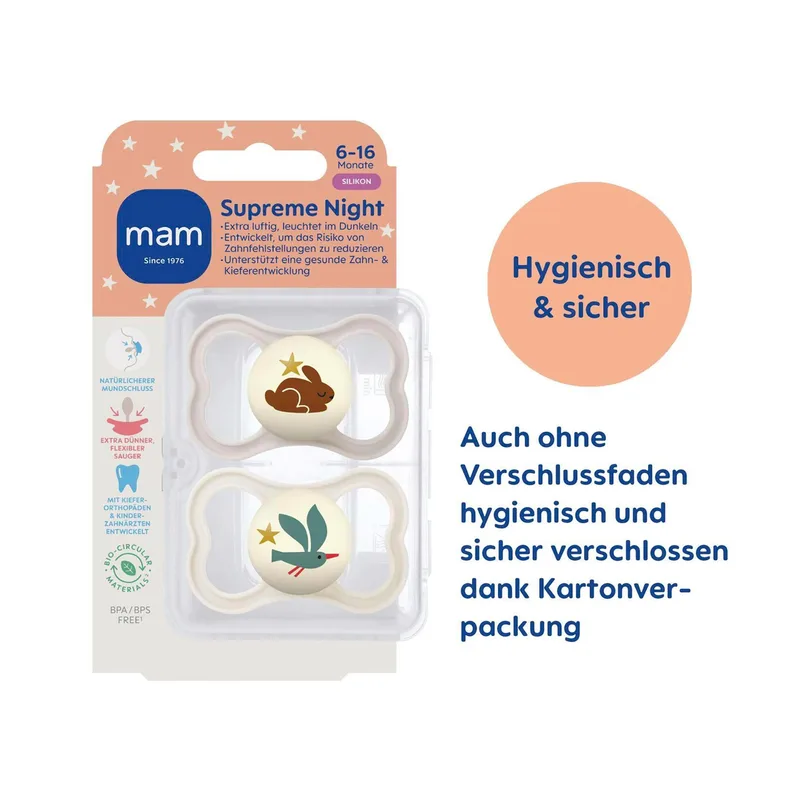 Mam 2er-Pack Schnuller Supreme Night Silikon, 6-16M de MAM en Multicolore, 8,9 × 14,5 × 4,7 mm – photo produit