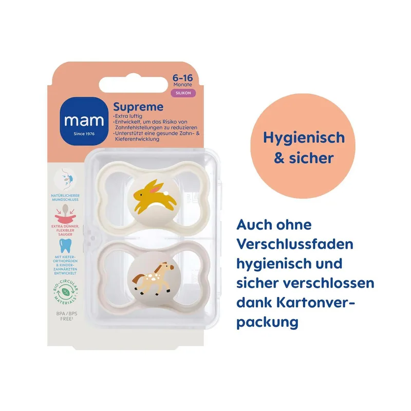 Mam 2er-Pack Schnuller Supreme Silikon, 6-16M de MAM en Multicolore, 8,9 × 14,5 × 4,7 mm – photo produit
