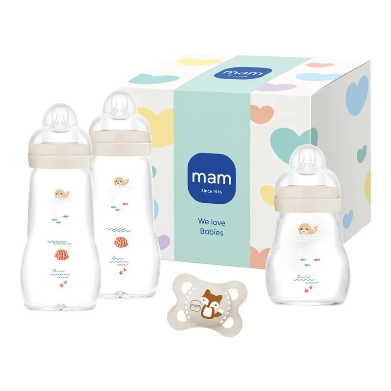 Mam 4-tlg. Feel Good Flaschen Set, Glas, ab 0M von MAM in Beige, 19,5 × 15,5 × 16,5 mm – Produktfoto