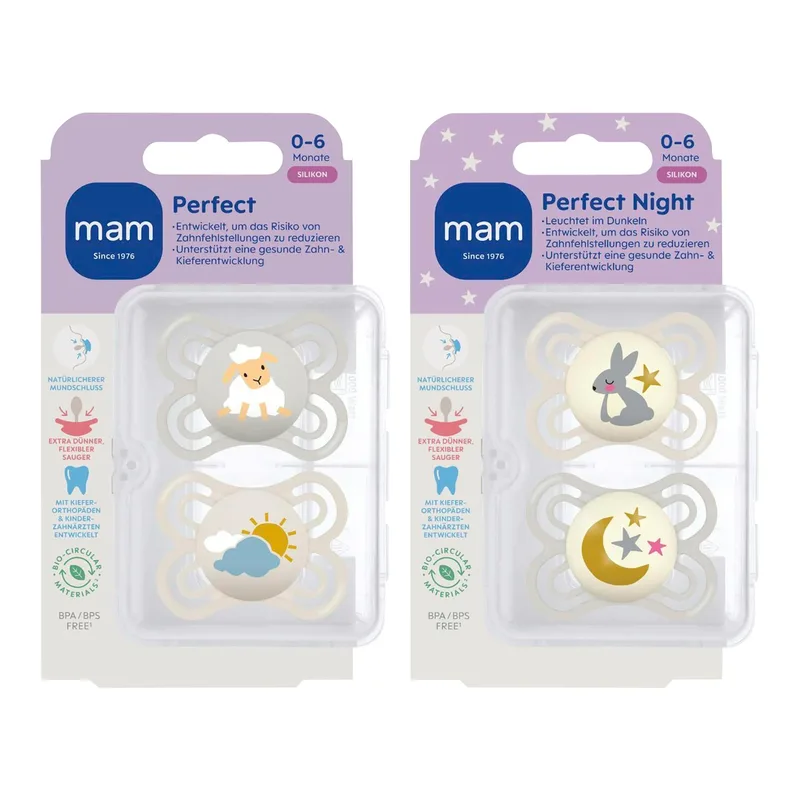 Mam 4er-Pack Schnuller Perfect Day+Night Silikon, 0-6 M de MAM en Multicolore, 17,8 × 14,5 × 9,5 mm – photo produit