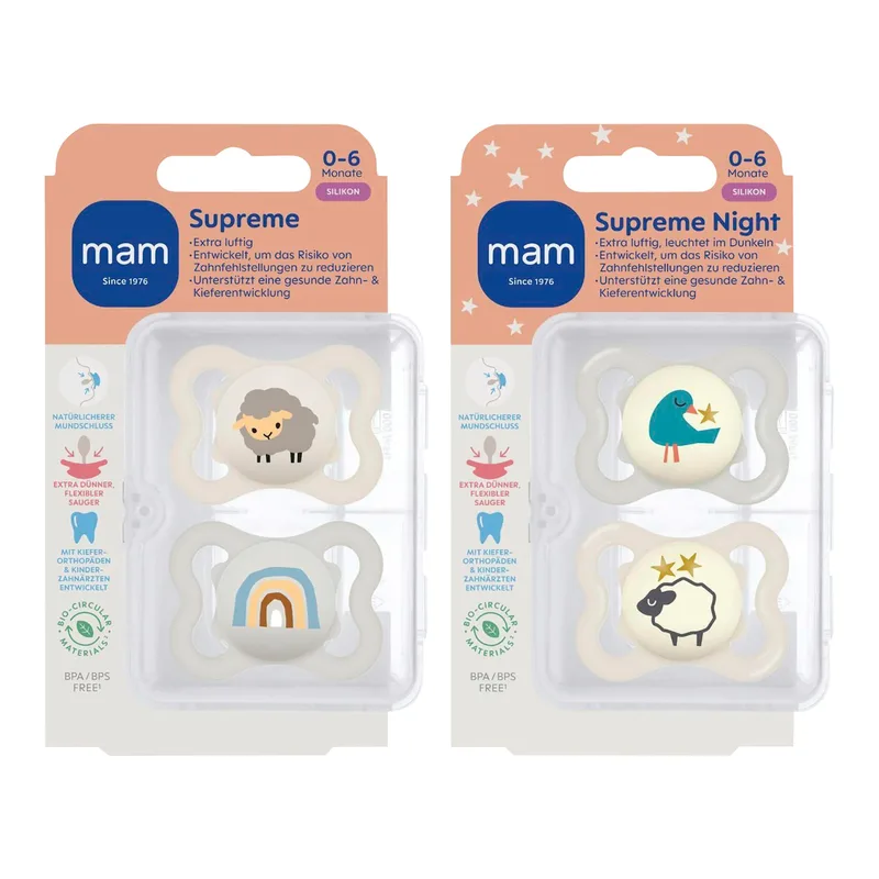 Mam 4er-Pack Schnuller Supreme Day+Night Silikon, 0-6 M de MAM en Multicolore, 17,8 × 14,5 × 9,5 mm – photo produit