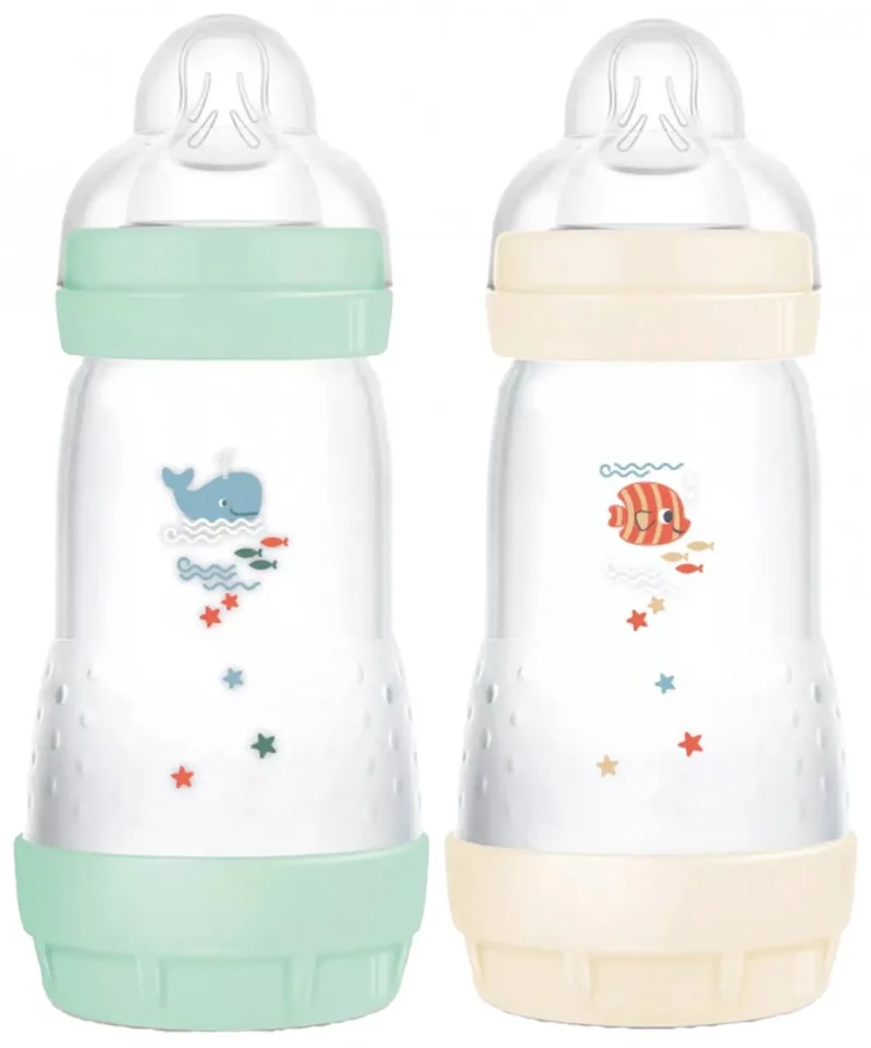 Set van 2 Babyflessen - MAM - Easy Start - Klassiek Anti-Koliek - 260 ml - Doorstroomsnelheid 2 spenen - Mint + Katoen fra MAM i Mint + Katoen – produktbillede