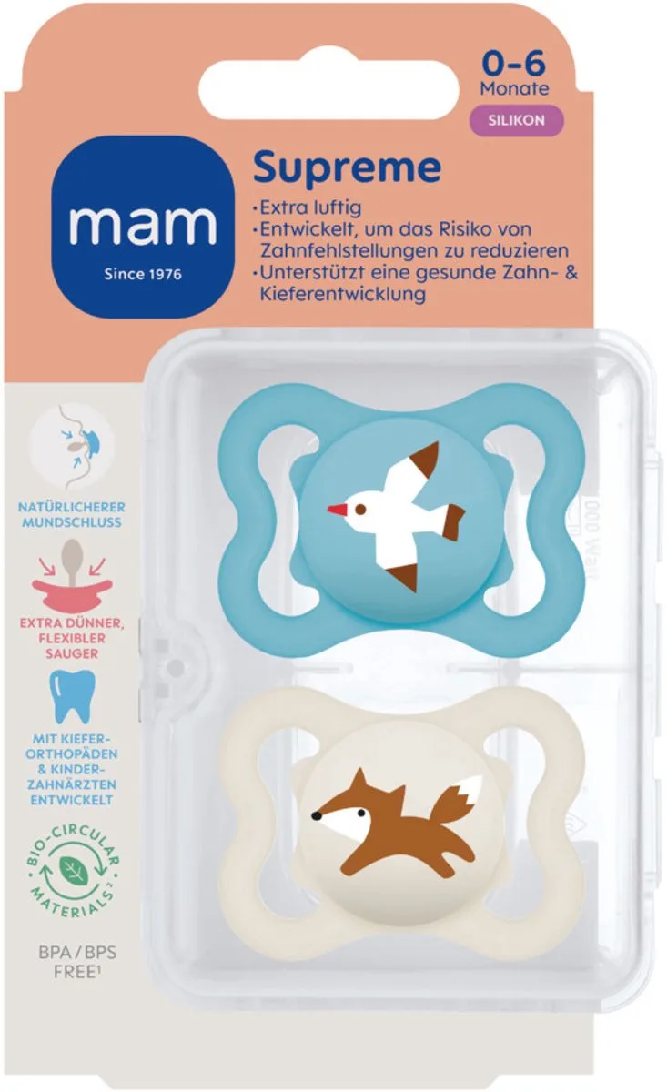 Supreme Silikon Fopspeen 0-6 mnd 2 stuks van MAM in Blauw – productfoto