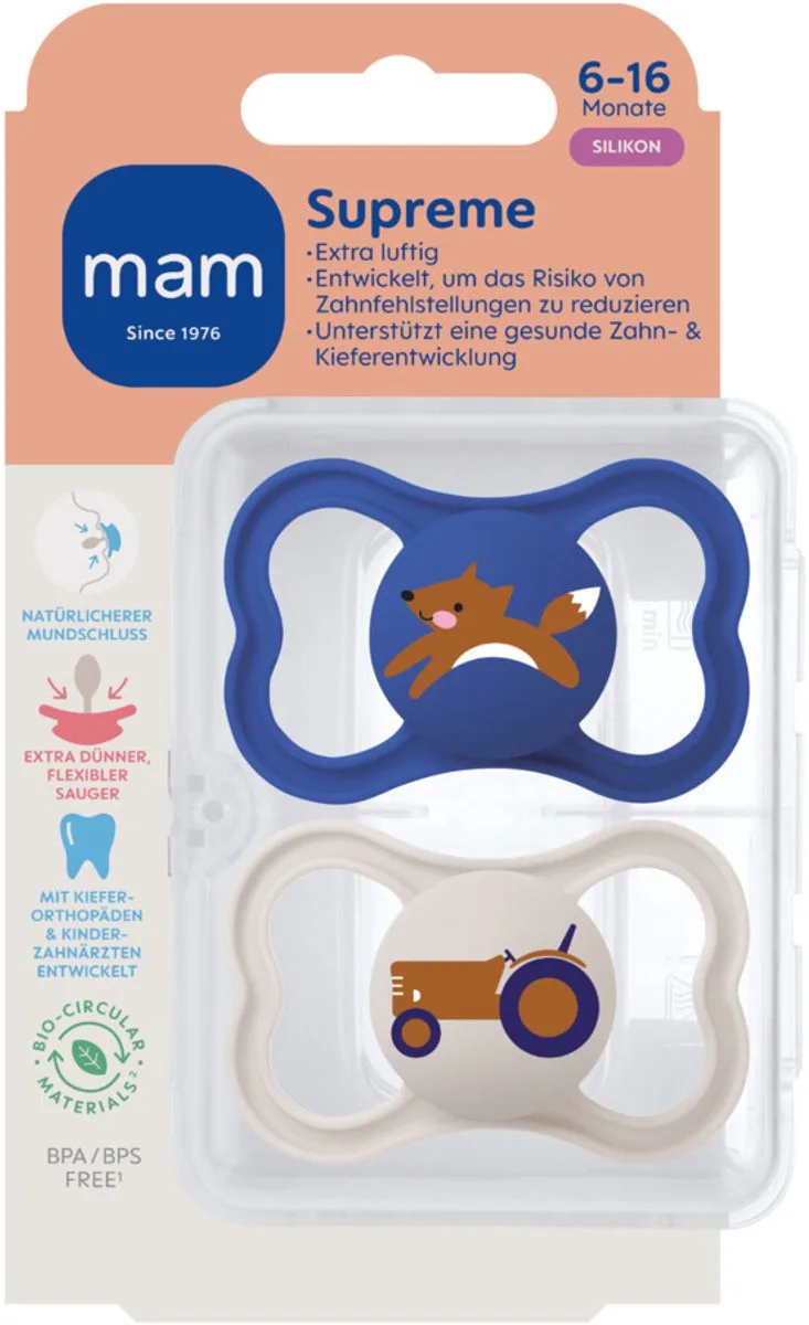 Supreme Silikon Fopspeen 6-16 mnd 2 stuks van MAM in Blauw – productfoto