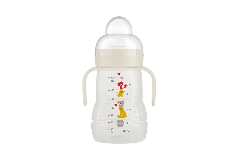 Trinklernbecher Trainer+ Cup 220ml 4m+ Baby Trinklernflasche mit Griffen, Silikonsauger, Mit 2 verschiedenen Trinkaufsätzen für zweistufiges Lernen by MAM in Beige – product photo 2 of 3