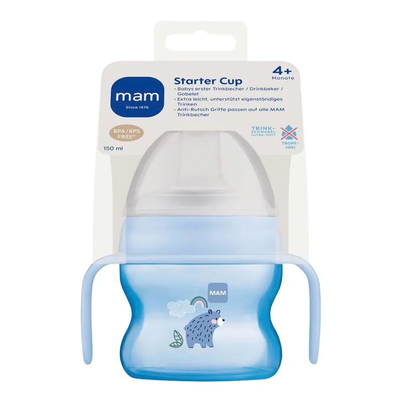 Trinklernflasche mit Griffen Starter Cup, 150ml, ab 4M de MAM en Bleu, 7,6 × 10,4 × 18 mm – photo produit