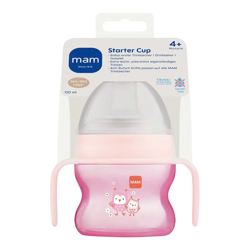 Trinklernflasche mit Griffen Starter Cup, 150ml, ab 4M de MAM en Rose, 7,6 × 10,4 × 18 mm – photo produit